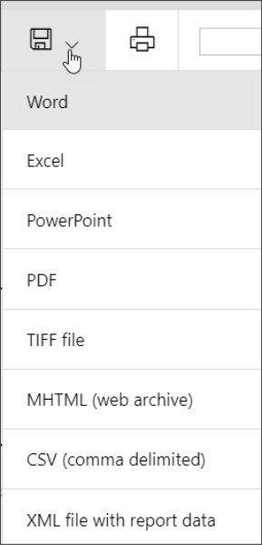 Click the save icon to save the report to a PDF, XML, CSV, MHTML, Excel, TIFF, or Word file.